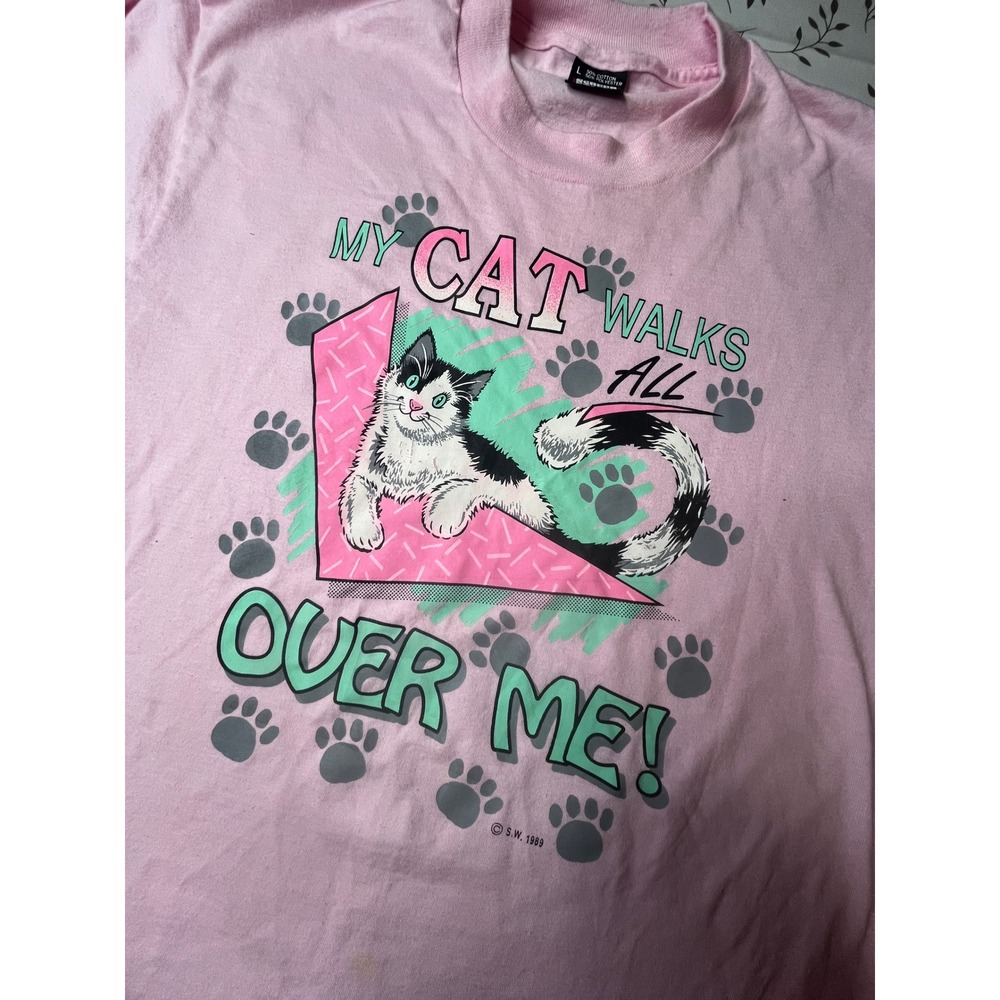 Vintage 1989 Screen Stars Best My Cat Walks All Over Me Pink T-Shirt L USA rare